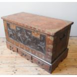 A 19TH CENTURY ZANZIBAR STYLE ROSEWOOD CHEST, profuse brass inlaid decoration throughout, the hinged