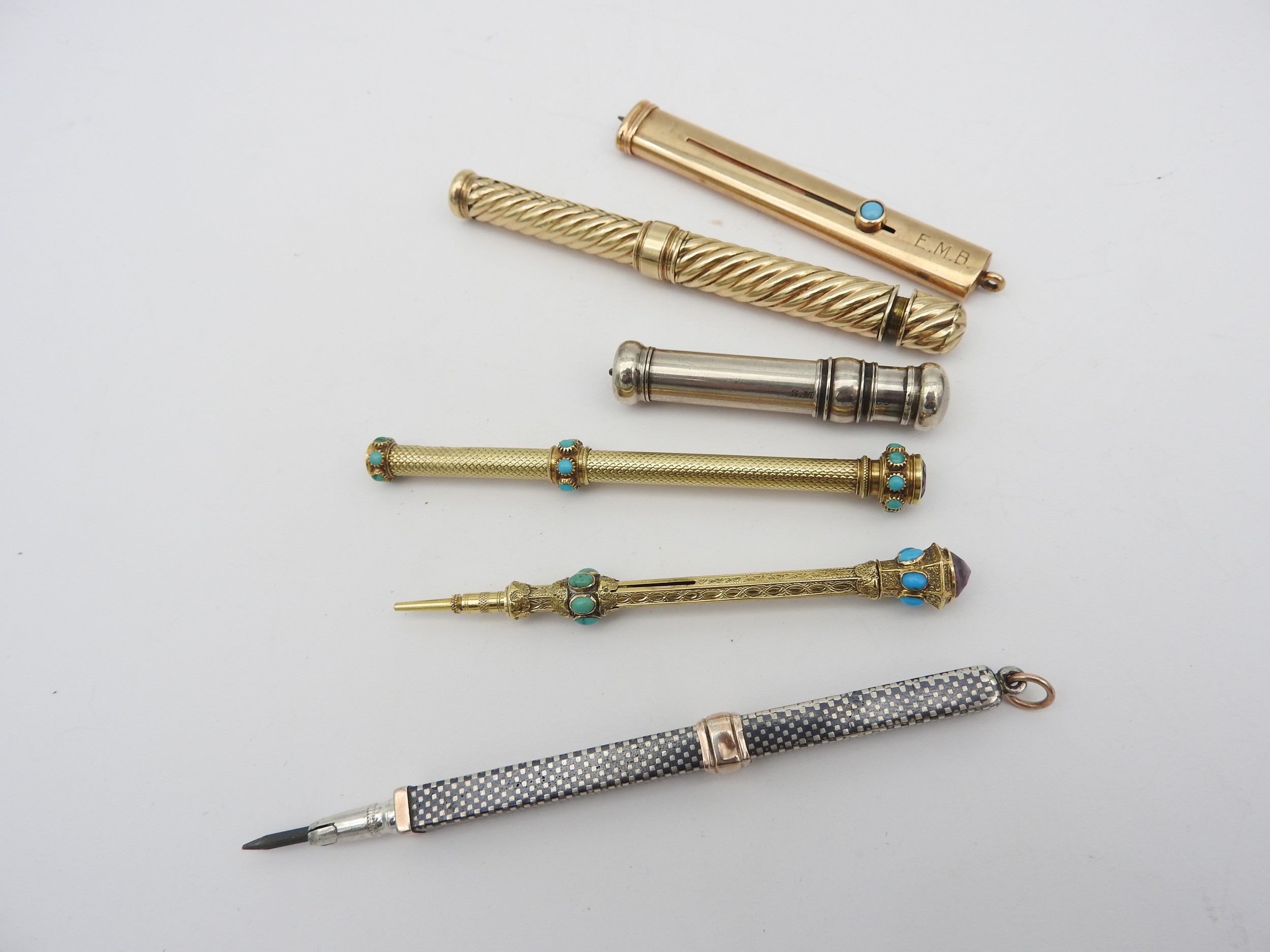 A GROUP OF SIX PROPELLING PENCILS, the lot comprised of a gold turquoise set pencil, an S. Mordan - Image 2 of 2