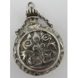 AN ELEGANT SILVER 'MOON FLASK' CHATELAINE SCENT BOTTLE, each side inset with a chased circular panel
