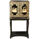 A REGENCY PENWORK CABINET ON LATER STAND, CIRCA 1820 AND LATER, chinoiserie decoration throughout,