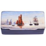 COMMANDER GEOFF HUNT R.N., A PAPIER MACHE BOX the lid hand painted with a scene of vessels moored