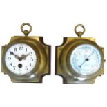 A MATCHING 19TH CENTURY FRENCH WALL CLOCK AND BAROMETER, both with enamel dials, the barometer