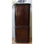 A GEORGE III MAHOGANY & ROSEWOOD CROSSBANDED CORNER CUPBOARD, in two sections, dentil cornice