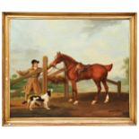 I MOORE, 19TH CENTURY ENGLISH SCHOOL, GROOM LEADING A HORSE Oil on canvas. Signed lower right hand