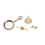 A 9CT GOLD CORONATION FOB , 14KT MAPLE LEAF BAR BROOCH, PAIR OF 9CT GOLD EARRINGS AND A 9CT GOLD