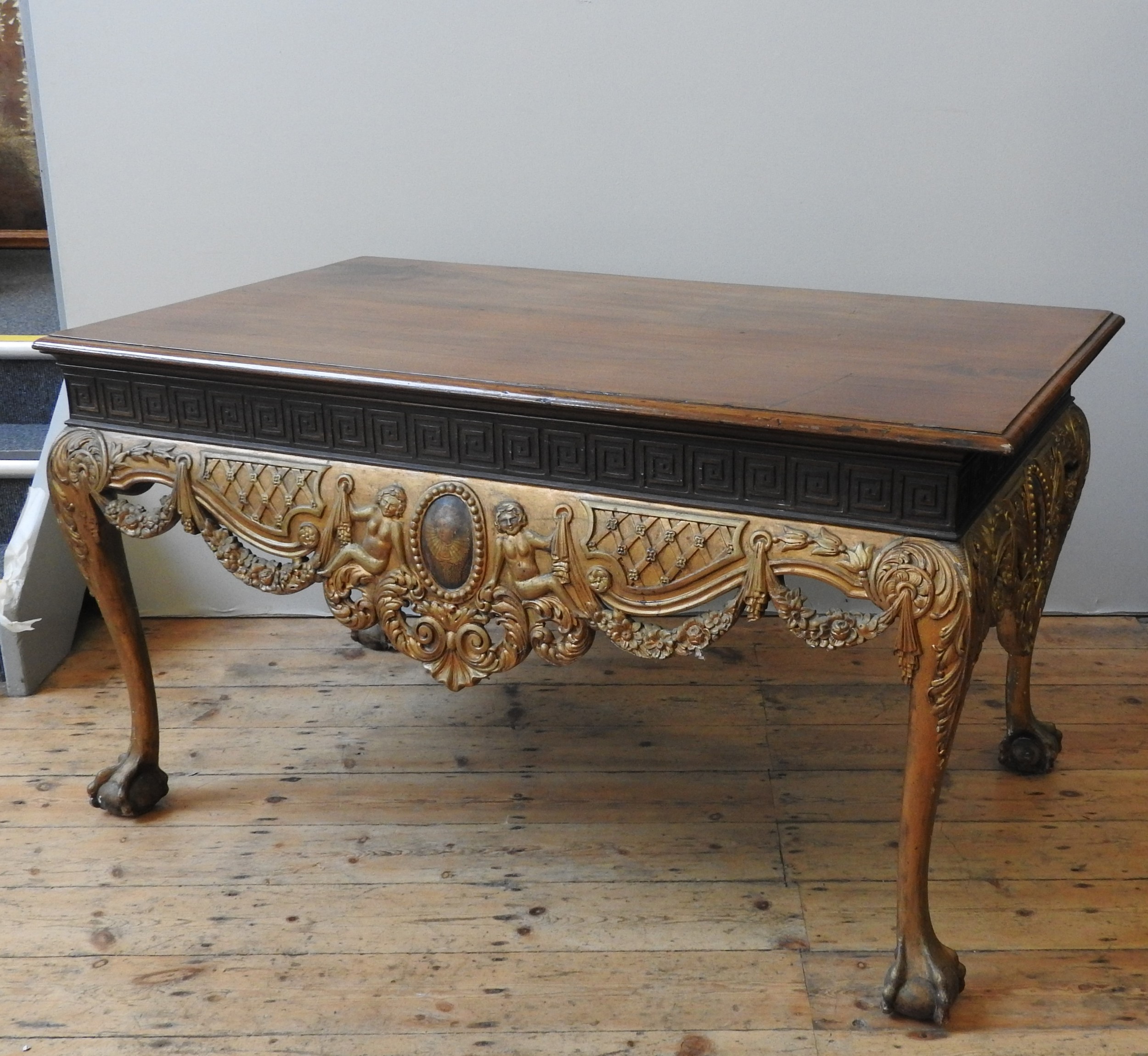 A MID 19TH CENTURY MAHOGANY AND GILT WOOD CENTRE TABLE, the shape and proportions in the Chippendale - Image 4 of 4