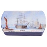 COMMANDER GEOFF HUNT R.N., A PAPIER MACHE BOX THE LID HAND PAINTED WITH A SCENE OF HMS VICTORY,