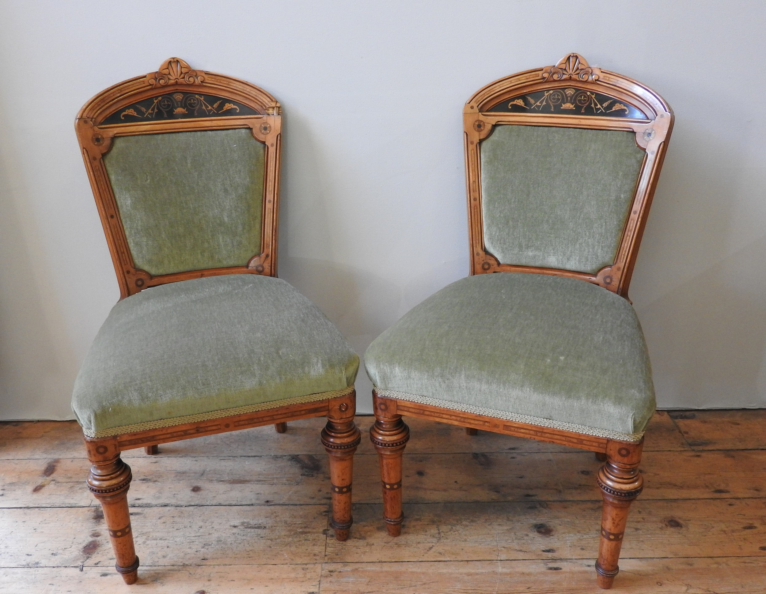 A PAIR OF LATE 19TH CENTURY SATIN WOOD MARQUETRY INLAID CHAIRS, in the Aesthetic Movement style,