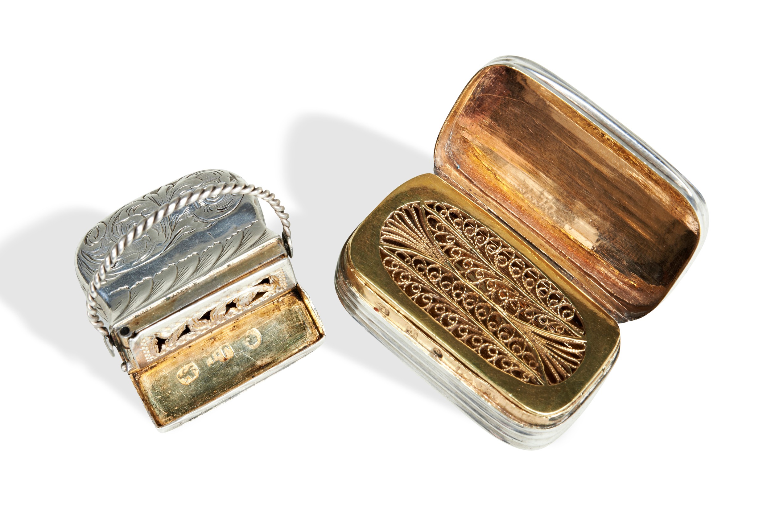 TWO EARLY 19TH CENTURY SILVER VINAIGRETTES, one rectangular ribbed form with silver gilt grille - Image 2 of 2