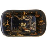 A 19TH CENTURY PAPIER-MACHE BASKET, black lacquer with chinoiserie decoration throughout, the