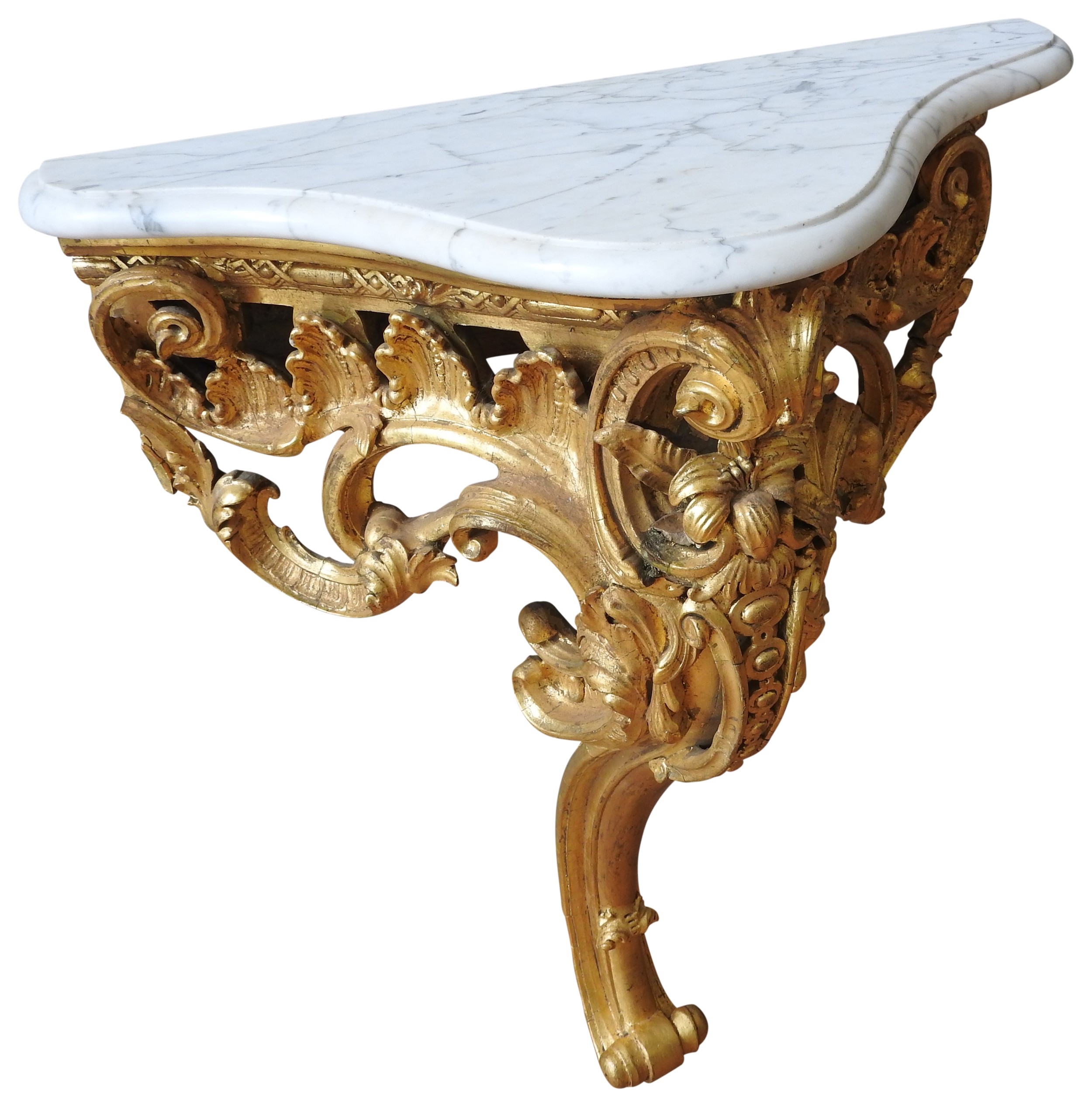A LATE 19TH CENTURY FRENCH GILT WOOD CONSOLE TABLE, in the Rococo style, ornate carved scroll