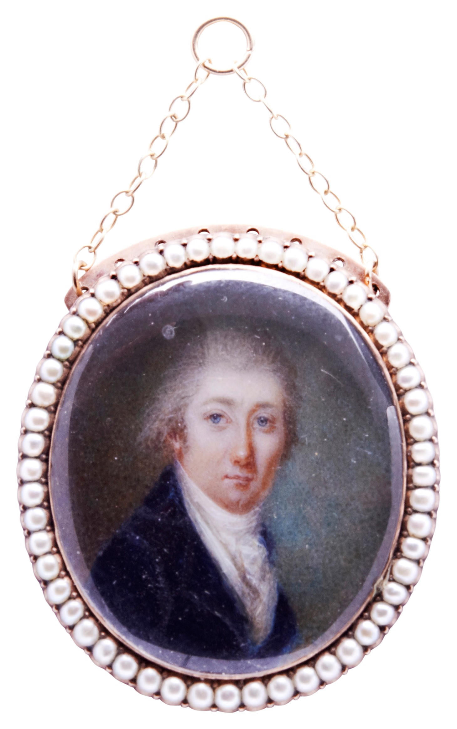 A LATE 18TH/EARLY 19TH CENTURY MINIATURE PORTRAIT OF GENTLEMAN, ENGLISH SCHOOL, set in a yellow