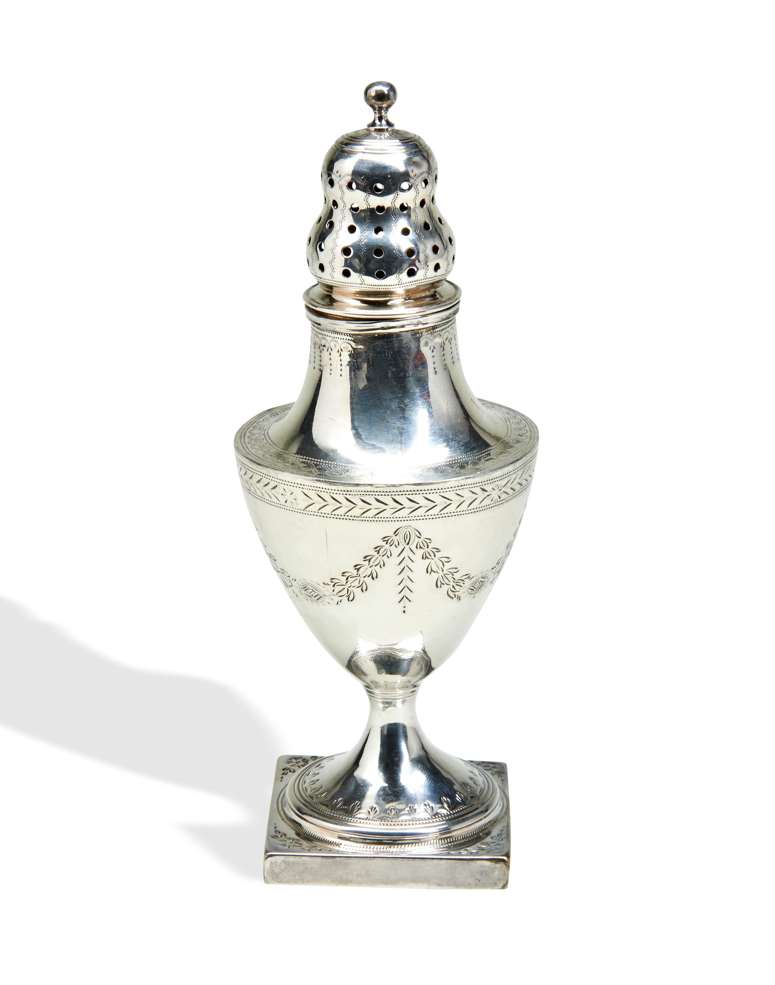 A GEORGE III SILVER SUGAR SIFTER, waisted baluster form, decorated with bright cut festoons and