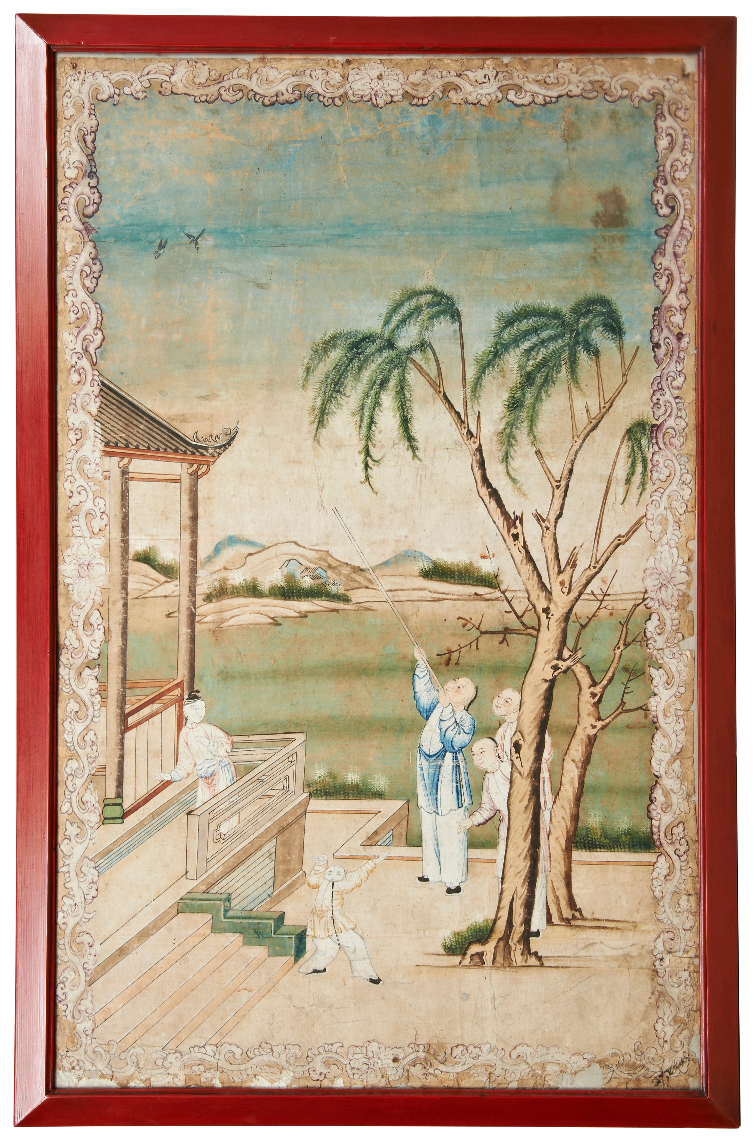 SET OF FOUR DECORATIVE 18TH CENTURY CHINESE WATERCOLOUR WALLPAPER PANELS, in red frames with - Image 3 of 4