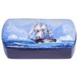 COMMANDER GEOFF HUNT R.N., A PAPIER MACHE BOX THE LID HAND PAINTED WITH A SCENE OF HMS TRINCO,