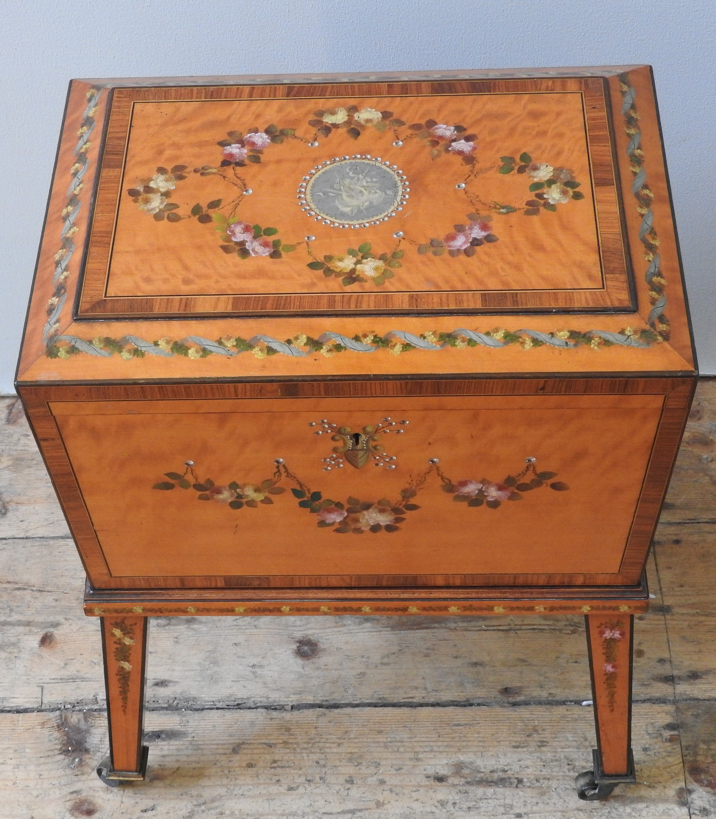 A REGENCY CROSS BANDED SATIN WOOD WORK BOX ON STAND, sarcophagus form with painted decoration - Image 2 of 2