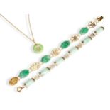 A GOLD JADE MOUNTED BRACELET AND A JADE PENDANT ON GOLD CHAIN, the bracelet with alternating oval