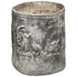AN 18TH CENTURY CYLINDRICAL LEAD PLANTER, the sides bearing the initials 'I.S.F' and decorated in