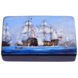 COMMANDER GEOFF HUNT R.N., A PAPIER MACHE BOX,  the lid hand painted with a naval battle scene of