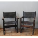 A PAIR OF 18TH CENTURY SPANISH FRUITWOOD ARMCHAIRS, simplistic form with leather back and seat