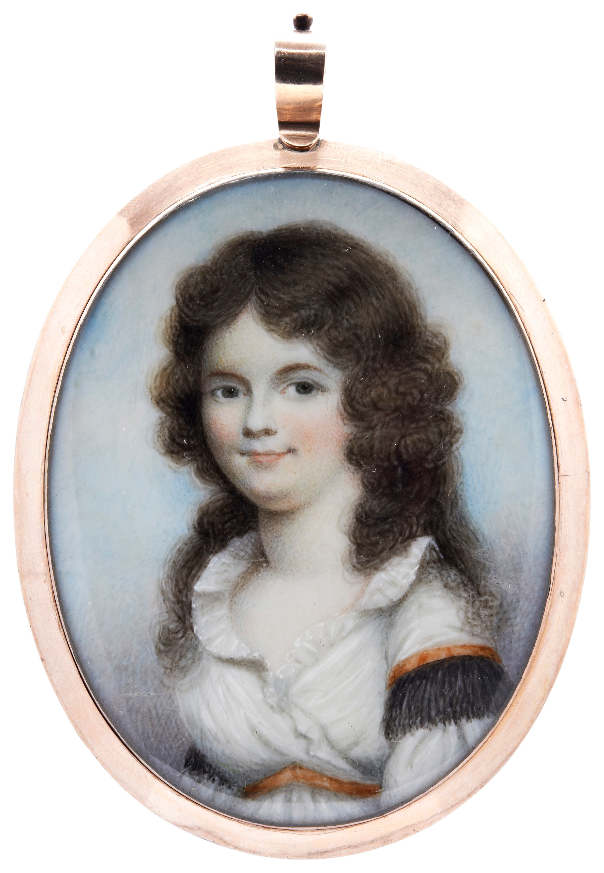 AN 18TH CENTURY PORTRAIT MINIATURE OF A YOUNG WOMAN, ENGLISH SCHOOL, the woman wearing a white