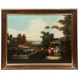 CHINESE EXPORT OIL PAINTING OF LADIES AND CHILDREN IN A GARDEN, CIRCA 1840 Oil on canvas 46cm x 60cm