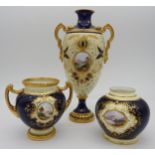 THREE COALPORT HAND PAINTED VASES, 20TH CENTURY, thelot comprised of a tall amphora shape vase,