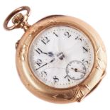 A SWISS 18K GOLD LADIES FOB WATCH, Keyless lever movement in a foliate engraved case, 30mm.