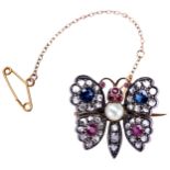 A VICTORIAN GOLD DIAMOND, RUBY, PEARL AND SAPPHIRE SET BUTTERFLY BROOCH, CIRCA 1870 the body set