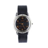 BENRUS. A STEEL WRISTWATCH black dial signed Benrus, Shock-Absorber, gilt hands, centre seconds,