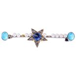 A LATE VICTORIAN SAPPHIRE, TURQUOISE AND SEED PEARL BROOCH, CIRCA 1890 the circular mixed-cut