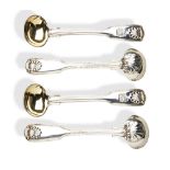 A SET OF 4 FIDDLE, THREAD & SHELL SALT SPOONS, PAUL STORR 1819. Four salt spoons with gilded bowls