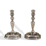A PAIR OF MINIATURE CANDLESTICKS, DUTCH C.1730. Each marked on the base with 18th century