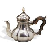 A MINIATURE TEAPOT, RUSSIAN C.1743. A pear shape tea pot with carved wooden handle and an ivory