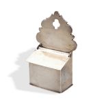 A MINIATURE SALT/CANDLE BOX, JAMES SLATER LONDON C.1725. A silver toy wall mounted salt/candle box