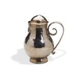 A LIDDED JUG, DAVID CLAYTON LONDON C.1720. A squat baluster toy beer jug with a domed pull off