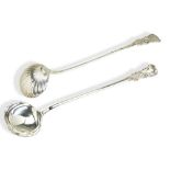 A PAIR OF SILVER LADLES, LONDON 1752. A very unusual pair of matching soup ladles with cast shell