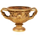 A 19TH CENTURY GILDED BRONZE GRAND TOUR REDUCTION OF THE WARWICK VASE, formerly the property of Lord