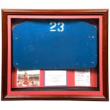 A WEMBLEY SEAT BACK NO.23, framed in common with a reproduction World Cup ticket and certificate