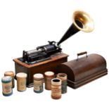 AN EDISON HOME PHONOGRAPH WAX CYLINDER PLAYER IN OAK LAMINATED CASE lacking original transfers and