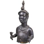 A BENIN BRONZE BUST OF A ROYAL MALE WITH FANCY HEADRESS. 20TH CENTURY. 62cm