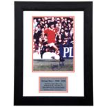 GEORGE BEST A SIGNED AND FRAMED COLOUR PHOTOGRAPH WITH AN INSCRIBED PLAQUE; George Best – 1946-
