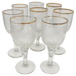 A FINE SET OF EIGHT CONTINENTAL ENGRAVED WINE GLASSES, 19TH CENTURY, the sides finely engraved with