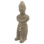 A PAINTED POTTERY TOMB FIGURE, HAN DYNASTY, of Tang attendant, grey painted finish 23 cm high