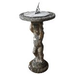 A VINTAGE RECONSTITUTED STONE SUNDIAL, MID 20TH CENTURY, the column modelled as a putto, good