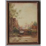 J.R MILLER (1880-1912) DUTCH RIVER SCENE WATERCOLOUR/PAPER, depicting figures by a bridge, with