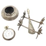 A FRENCH SILVER POCKET WATCH, A PAIR OF KNIFE RESTS, EASTERN SILVER BOWL AND A SILVER HANDLED SHOE