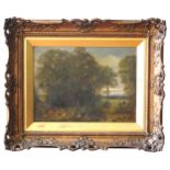 A 19TH CENTURY LANDSCAPE OIL PAINTING ON CANVAS, depicting drovers in a river scene, the frame