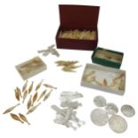 A QUANTITY OF PRISONER OF WAR BONE BONE FISH COUNTERS, FIVE MOTHER OF PEARL ENGRAVED COUNTERS,