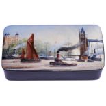 COMMANDER GEOFF HUNT R.N., A PAPIER MACHE BOX, painted with a Thames scene, the Tower of London in